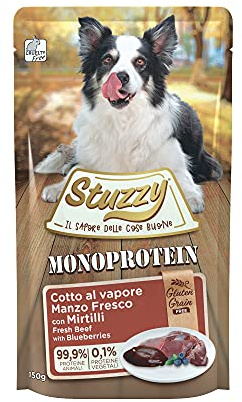 Stuzzy, Monoprotein Grain & Gluten Free, Cibo Umido per Cani Adulti con Manzo Fresco e Mirtilli Preparato in Patè - Totale 1,8Kg (12 Buste da 150G)