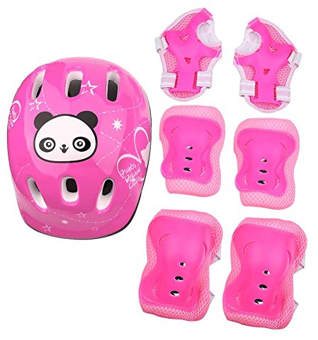 Dilwe Schutzausrüstung Set, 7 Stücke Einstellbare Knieschützer Ellbogenschützer Handgelenkschoner für Skateboard Kinder Roller Fahrrad 4-16 Jahre Altes (Rosa)
