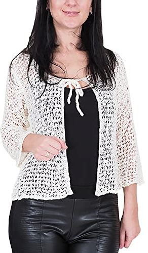Ladies Popcorn Style Crochet Plain Stretch Fish Net Tie at Waist Bolero Shrug Open Cardigan
