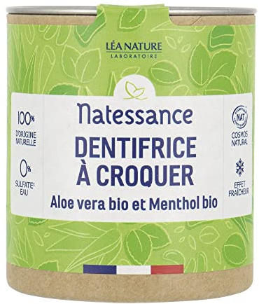 Natessance - Kauzahnpasta Feststoffe - Bio-Aloe Vera und Menthol - Cosmos Organic Zertifiziert - Karton 100% Recycelbar - 80 Tabletten