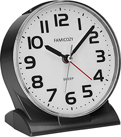 FAMICOZY 4.5 No Ticking Analog Alarm Clock,Silent Readable for Seniors,Easy to Set,Gradual Rise Alarm,Big Numbers,On/Off Switch on Side,Gentle Wake,Snooze Soft Backlight,Battery Operated,Black