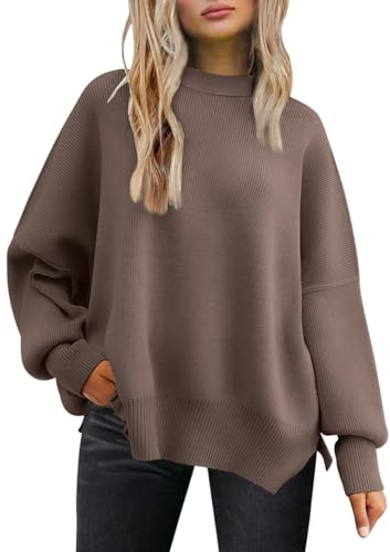 LILLUSORY Oversized Sweaters for Women 2025 Fall Fashion Outfits Trendy Crewneck Knit Cute Lightweight Sweater Pullover Tops Long Sleeve Shirts Winter Clothes Nutmeg M