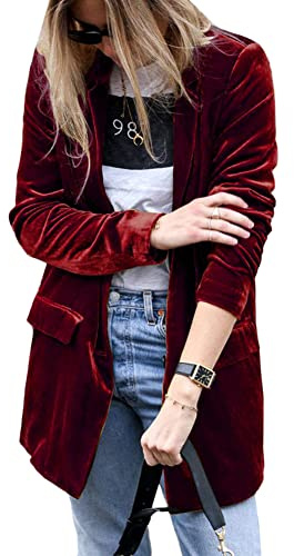 Donna Blazer a Maniche Lunghe Casual Aperto sul Davanti Giacca da Lavoro Risvolto Giacca da Abito in Velluto Vintage Aperto Davanti a Tinta Unita Cardigan Elegante Ufficio Giacca Casuale Colore A L