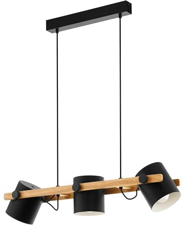 EGLO Pendellampe Hornwood, 3 flammige Vintage Pendelleuchte im Industrial Design, Retro Hängellampe aus Stahl und Holz, Farbe Schwarz, creme, braun, FSC zertifiziert, E27