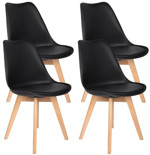 T-LoVendo Pack de 4 Sillas Comedor Nórdico, Sillas de Cocina Nórdicas con Patas de Madera Maciza de Haya y Asiento Acolchado y Tapizado, Respaldo Ergonómico (Negro)
