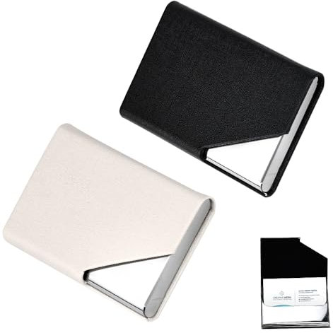 STCRERAG 2 Pezzi Porta Biglietti da Visita in Pelle PU Porta Carte Sottile Professionale Porta Biglietti da Visita Metallo Porta Biglietti Tascabile da Viaggio e Affari per Donna e Uomo - Nero, Bianco