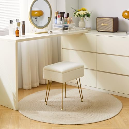 YMYNY Poggiapied, Sgabello Contenitore, Pouf Sgabello Ottoman, Sgabello Velluto Teddy, Pouf in Metallo Dorato, per Casa Soggiorno, Camerino, Camera da Letto 40×30×47CM Bianco HBD031W