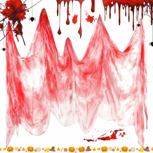 Darryy Tissu Décoratif Halloween, 5M*2.15M Gaze Sanglante d'halloween, Super Taille Creepy, Décorations en Tissu Effrayant pour l'Intérieur et l'Extérieur, Gaze Décorative Rouge
