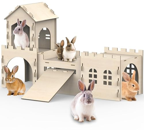 Large Bunny House and Hideouts, Wooden Dual-Layer Rabbit Castle with Stair, Rubber Band-Free Setup - Chew-Proof, Sturdy Habitat for Guinea Pig Chinchilla Ferret (Rabbit House)