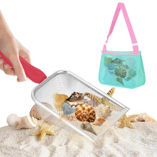 GIUSOBG Jouet de Plage Enfants Filtre à Sable pour Enfants Rose Sac Plage | avec Sac de Plage en Maille Pelle à Sable en Métal Ramasser Les Coquillages, pour Garçons et Filles Jouet de Plage (Rose)