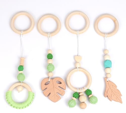 Xiyocadt 4 Stück Spielbogen Baby Spielzeug ab 0 Monate,Anhänger Spielbogen, Anhänger für Spielbogen,Baby Gym Anhänger, Spielbogen Anhänger Holz für Mädchen Jungen, Grau (28cm,Grün)