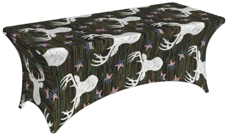 PPIKTC Elastic Spandex Table Cover 6FT, Cool Deer Camo Camouflage American Flag Hunting Black Tablecloths, Washable Protector for Kitchen Islands, Cocktail Parties & Conference Events