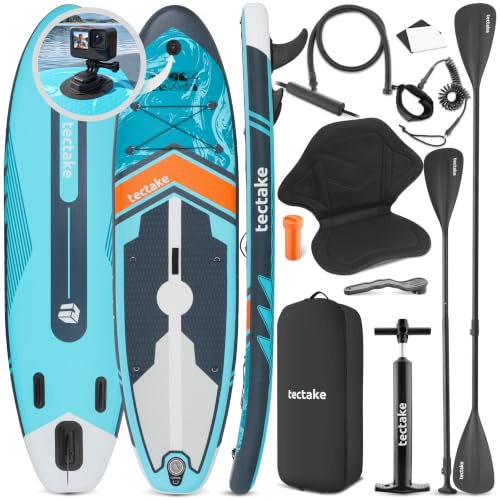 tectake® Stand-up Paddle Gonflable, Siège de Kayak, Support caméra, 288cm | Stable et léger, Surface antidérapante, Kit complet avec Pagaie double réglable et Sac à dos, Matériau Drop-Stitch, Max 200Kg