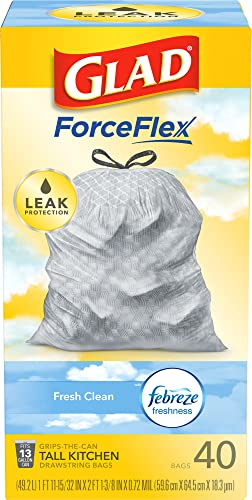 Glad Trash Bags, ForceFlex Tall Kitchen Drawstring Garbage Bags, Fresh Clean, 13 Gal, 40 Ct (Package May Vary)
