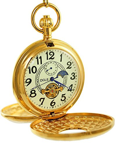 OGLE Vintage Rame doppia copertura Tourbillon Fasi Luna Catena Fob a carica automatica meccanico automatico orologio da tasca quadrante luminoso