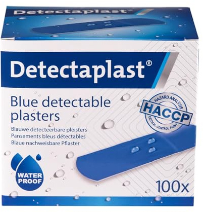 Universella blå Detectaplast-plåster, metalldetekterbara och vattentäta plåster för catering som första hjälpen i livsmedelshanteringsmiljöer, första hjälpen kök, 25x72 mm, 100 st.