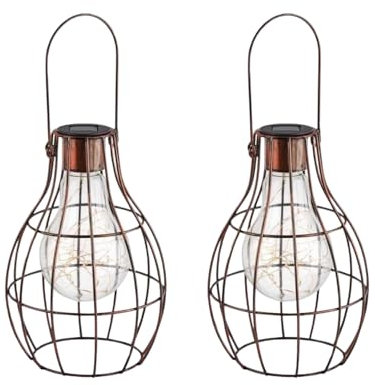 Garden Mile Solar Powered Copper Hanging Firefly Lantern with LED Lights Patio Storm Table Centrepiece Window Display Piece Indoor Outdoor Garden Lighting (Firefly, 2)