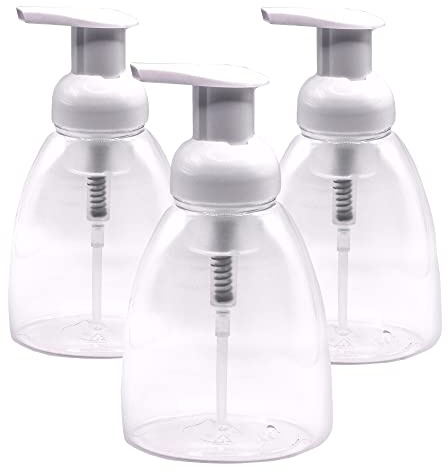 Clear Plastic Foaming Bathroom Countertop Soap Dispensers, Foaming Pump Bottles, Refillable Plastic Container for Liquid Soap, Compatible with Dr Bronner's Pure Castile Soap 250ml (8.5 oz) - (3 Pack)