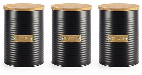 EHC Set of 3 Tea, Coffee & Sugar Airtight Kitchen Storage Canister Jars Containers, Black, 1L