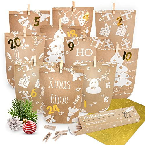AMARI ® Adventskalender zum Befüllen - 24 Papier Adventstüten (mit Holzklammern) zum Basteln für Weihnachten - Papier Weihnachtstüten mit Zahlenaufkleber