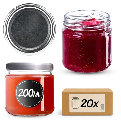 Kadax små glasburkar på 200 ml, syltburkar med lock, fi66 mm, miniglas för honung och kryddor, lufttäta burkar, konserveringsglas, glas, runda glas (20 stycken, silver)