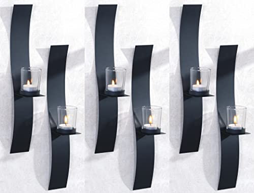 Novaliv 6X Wandkerzenhalter aus Metall mit Glas 6 x 39,5 x 6 cm Schwarz Kerzenhalter Teelichterhalter Wohnzimmer Dekoration Wanddeko Kerzen Vintage Deko Teelicht Wandhalter