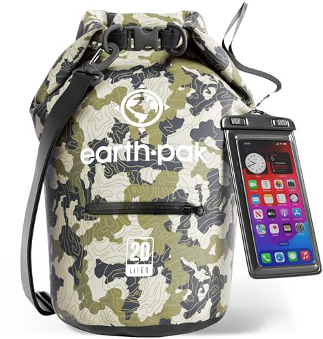 Earth Pak Dry Bag – Wasserdichter Packsack mit Reißverschluss Tasche, Schultergurt und wasserfester Handyhülle – Ideal beim Kajak Fahren, Camping, Angeln, Bootfahren und Rafting (Tarnung, 20L)