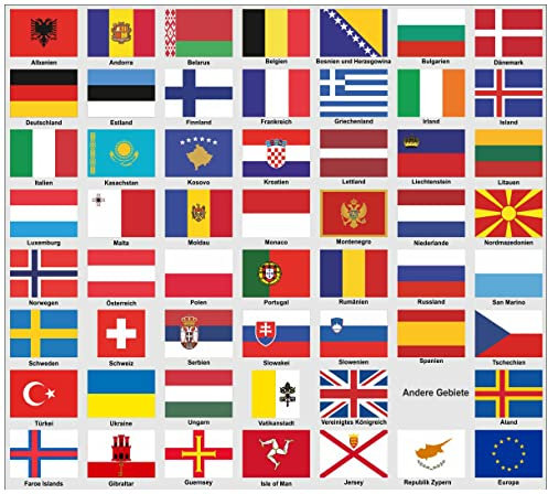 Samunshi® Aufkleber Set Europa Fahnen Autoaufkleber 55 Flaggen Set je 2cm breit | Länderflaggen Länderfahnen | Modellbau Fahrrad Auto Motorrad