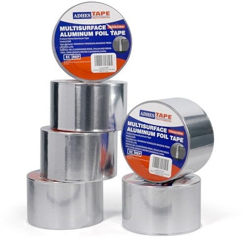 ADHES Nastro Adesivo in Alluminio per Riparazioni, Resistente da 80°C a 100°C, Nastro Sigillante alte temperature 75mm x 50m, 6 rotoli