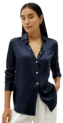 LilySilk Damen Reine Seidenbluse Klassische Maulbeerseiden Bluse mit Muschelknopfverschluss und Minimalistischer Knopfleiste für den Alltag(Dunkel Blau,XL)