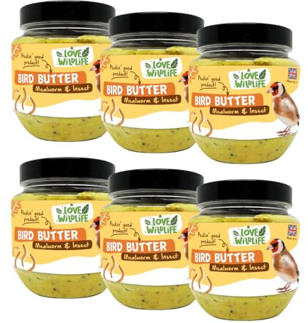 Love Wildlife Mealworm & Insect Bird Butter 6 x 375g | High Energy Food for Wild Garden Birds, Premium High Protein Suet, All Natural Ingredients, Ideal for All Year Round Feed