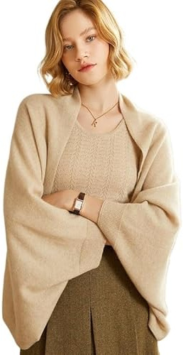 Generico Sciarpa maglierata per donne, cardigan a maniche lunghe, mantello maglierato in lana, morbido e caldo, mantello-cardigan, stola, sciarpa multifunzionale in cashmere per collo e spalle(Beige)