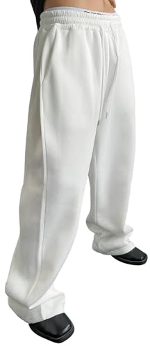 Pantalones de chándal holgados para hombre, de algodón, holgados, con bolsillos, piernas anchas, cintura elástica, cordón para deportes, uso diario e invierno, Blanco, M