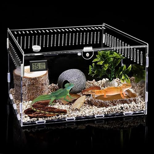 Acryl Terrarium Schnecken Terrariums mit Temperatur Hygrometer, Transparent Reptile Fütterungsbox, 30x20x15cm, Mini Terrarium Reptil Fütterungsbox für Schnecken, Spinnen, Einsiedlerkrebs