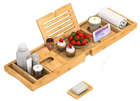 MantraRaj Bamboo Bath Tray - Extendable Bath Caddy Trays for Bathtub Accessories with Tablet Phone Slots, Candle Mug/Cup Holder, Bathroom Organiser, Bath trays for across the bath with Soap Holder