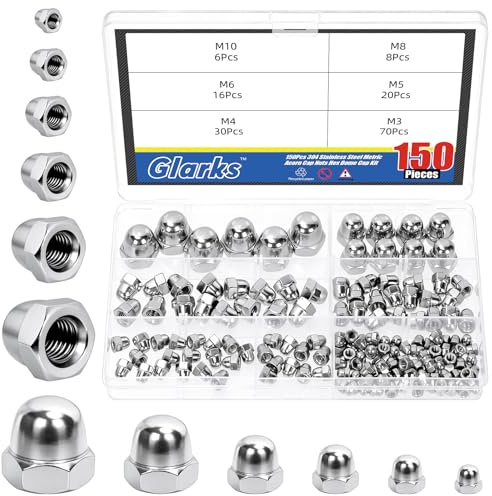 Glarks 150pcs M3/M4/M5/M6/M8/M10 Stainless Steel Acorn Cap Nuts Kit, Hex Dome Nuts, Acorn Hex Cap Dome Head Nut, Domed Crown Nut for Protecting Bolts, Furniture, Automotive, Electronic Equipment
