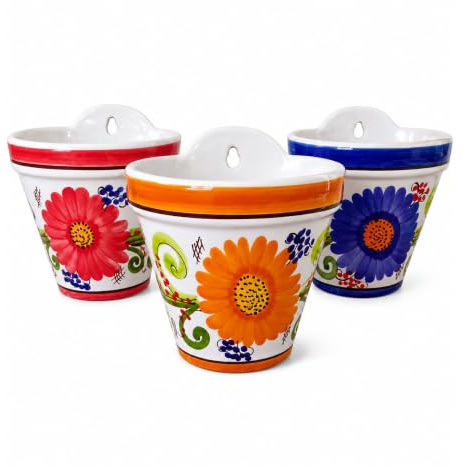 Maceta Colgante cerámica Floral Pack de 3, maceteros Decorados para Colgar 16 x 16 cm Interior Exterior