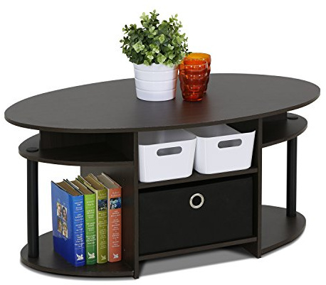 Furinno JAYA Ovaler Couchtisch mit modernem Design mit Einschub, holz, Nussbaum, 50.04 x 50.04 x 16.4 cm, Walnuss/Schwarz