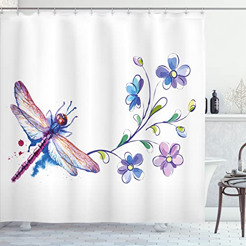 Ambesonne Dragonfly Shower Curtain, Watercolor Bug Butterfly Like Moth with Branch Ivy Flowers Lilies Art, Cloth Fabric Bathroom Decor Set with Hooks, 69 W x 70 L, Purple Green