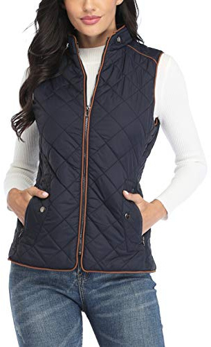 Dilgul Women's Quilted Vest Stand Collar Trendy Lightweight Zip Padded Vest with Pockets Dark Blue L