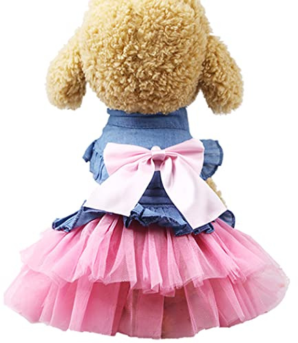 XIAOYU abiti per cani pet bowknot gonna principessa estate gilet per cani denin camicie prendisole dolce abiti da festa di nozze abiti per animali domestici abbigliamento, rosa, M