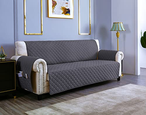 sevi's Sofa überzug 3 Sitzer - Sofabezug Wasserdicht Kratzfest - Couch Überzug Reversibel Fleckenresistent - Sofa Cover für Katzen und Hunden - Dunkelgrau