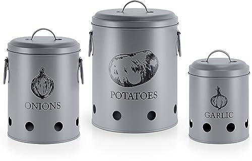 EHC Set of 3 Potato, Onion and Garlic Storage Containers With Lid & Side Handles For kitchen, Long Shelf Life with Aerating Tin Storage Holes - Grey
