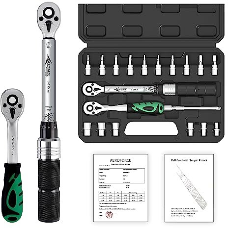 AEROFORCE Drehmomentschlüssel-Set 1/4-Zoll 19tlg (5,0-25,0 Nm) mit Dual-Richtungsumkehr, einstellbar, für Fahrräder