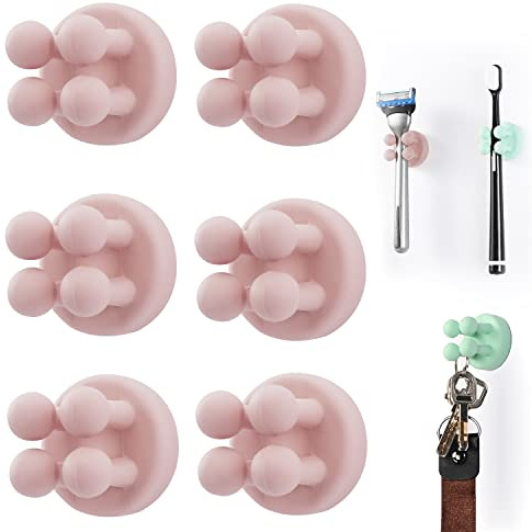 Silicone Toothbrush Holders, Multi-Function Hook Razor Holder Waterproof | Self Adhesive Wall Mounted Single Hook for Wall or Glass for Hanging Bathroom Kitchen Living Room Office, 6 Pcs