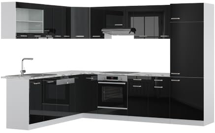 Vicco Eckküche R-Line, Schwarz Hochglanz/Weiß, 227 x 287 cm ohne Arbeitsplatte