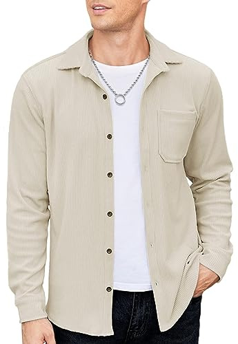 COOFANDY Camisa de sarga para hombre de manga larga, ajuste regular, camisa de ocio con botones, chaqueta con bolsillo frontal, camisa ligera para hombre, chaqueta de invierno, Color caqui claro., XXL