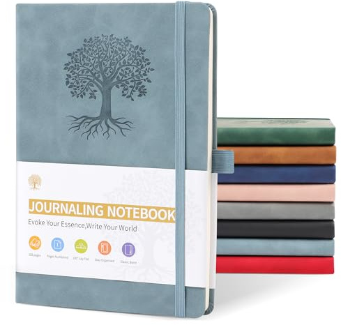JUNART A5 linjerad journal anteckningsböcker för kvinnor och män med 192 sidor, inbunden läderanteckningsbok för personlig skrivning studie kontor resa inspelning eller gåvor (sjöblå)