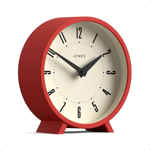 Jones Clocks® Venus Orologio da scrivania | Design moderno a tondo | Rosso | Stile retrò per scaffale, tavolo, camino o comodino