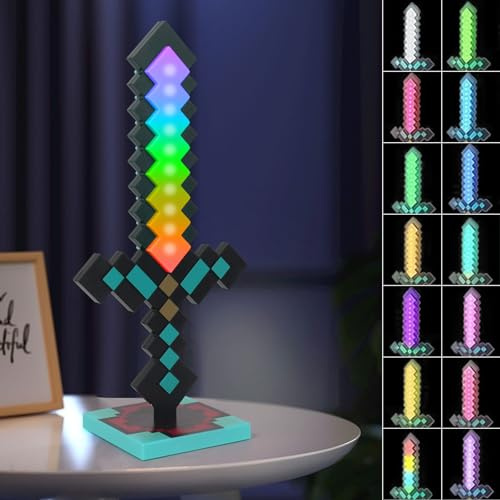 Hojalis Glowing Diamond Sword, 39 cm Pickaxe Sword Toys, Pixel Light-Up LED Sword Toy with 14 Adjustable Colour, Rechargeable Toy Weapon Battle Accessory, Game Accessories Gift for Video Game Fans